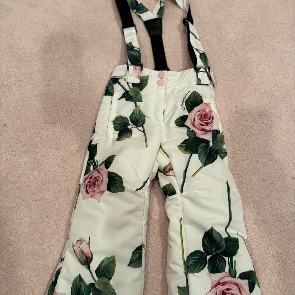 Dolce & Gabbana Kids Floral Suspender Trousers - White and Pink snow pants